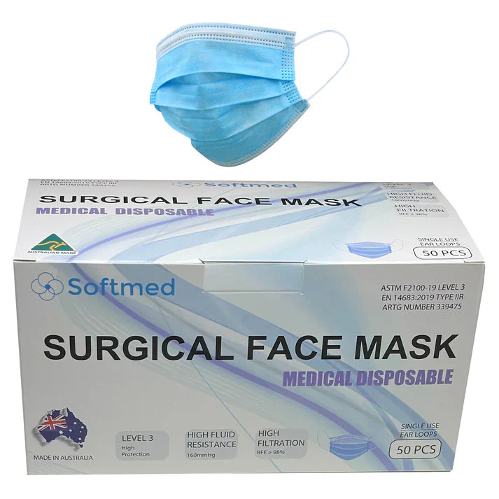 3PLY Surgical Face Masks Level 2 with Ear Loop Anti - Fog - TGA Approved Box of 50 - Blue Softmed