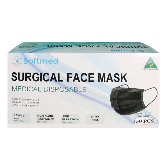 3ply Classic Black Face Mask with Ear Loops Anti Fog ~ Box of 50 - Softmed